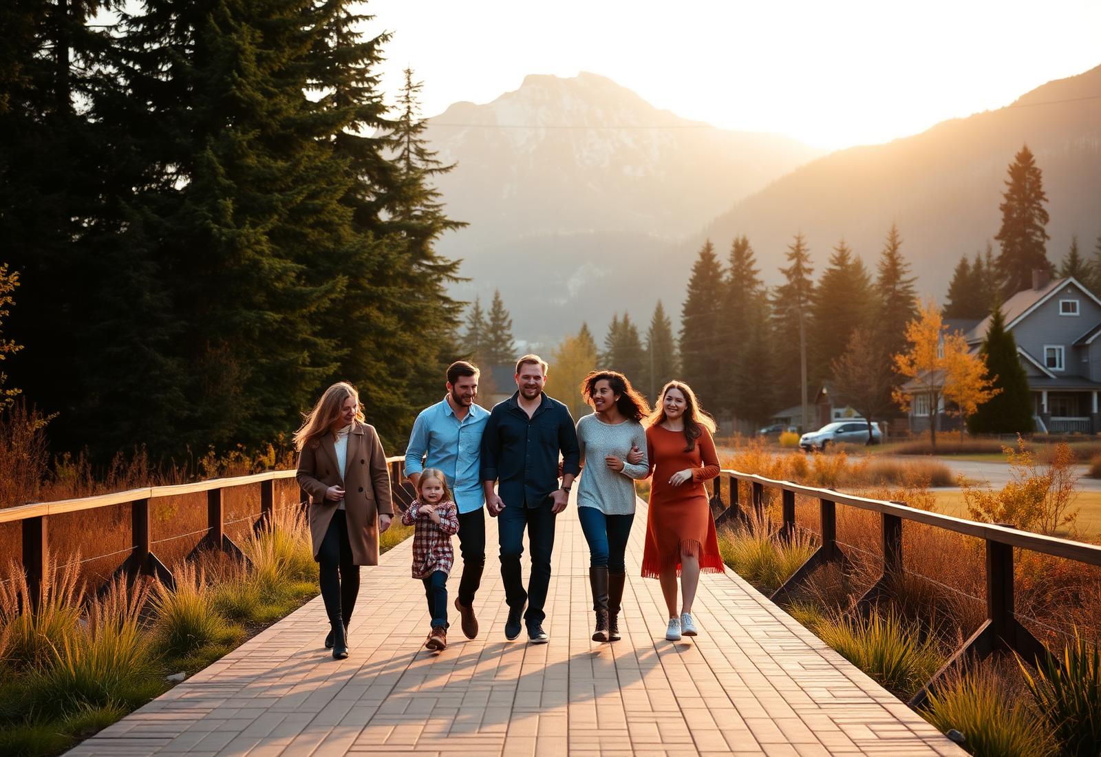 A family walking together through a British Columbia neighbourhood at golden hour