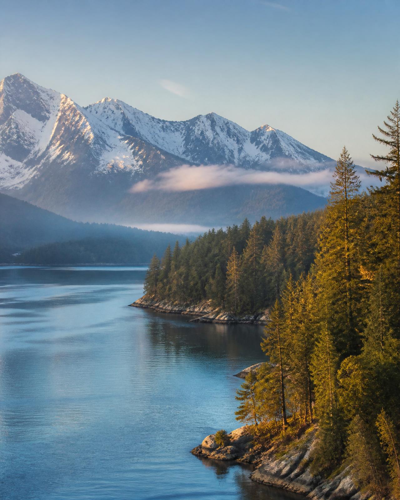 Snow-capped coastal mountains above a calm ocean inlet in British Columbia